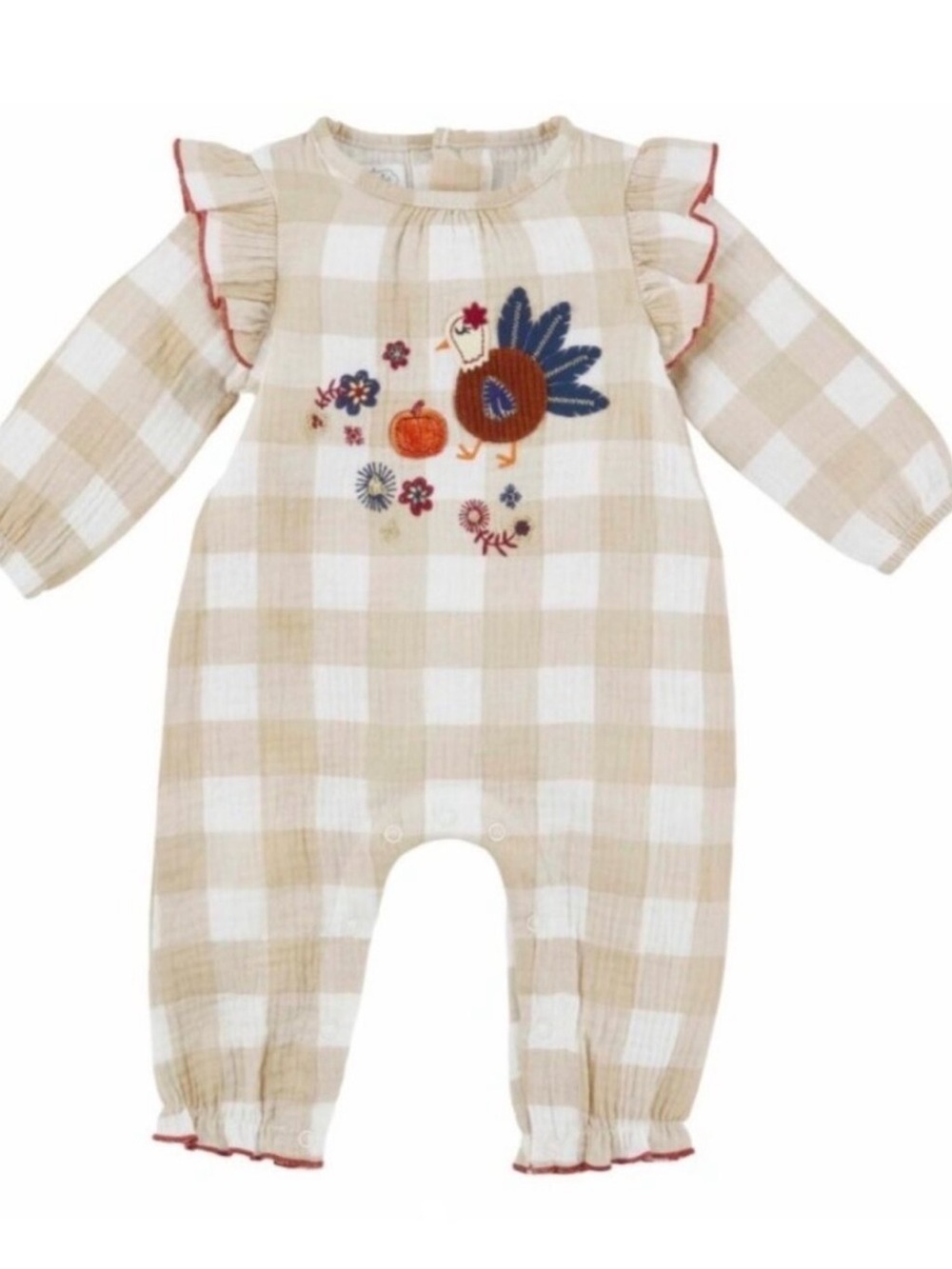 Mud Pie Thanksgiving Turkey Buffalo Plaid Onesie with Ruffle Shoulders